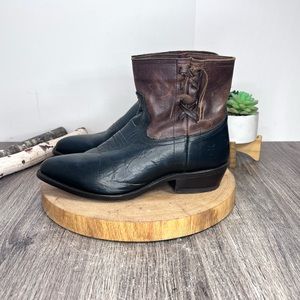 Frye |  Billy Cross Stitch Two Tone Short Western Boot in Black/Brown Size 10B